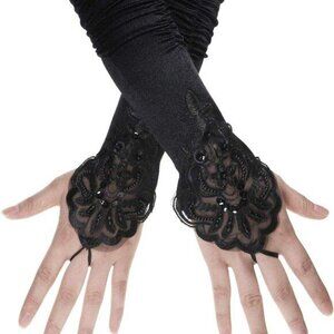 1920s Black Long Opera Gloves with Finger Loops Stretchy Fingerless Floral Embro